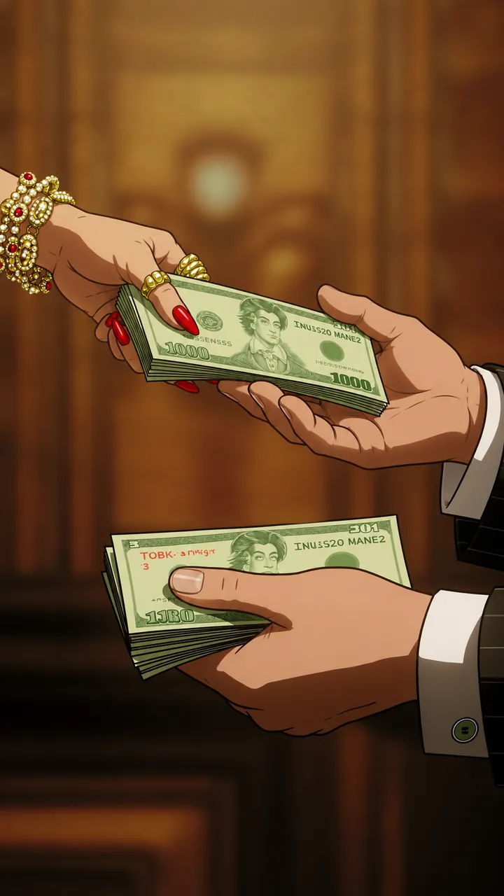 Illustrated hands exchanging stacks of cash