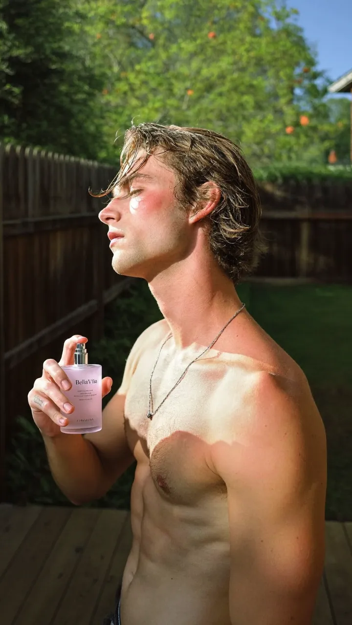 AI product shot: a man spraying perfume in a sunlit backyard